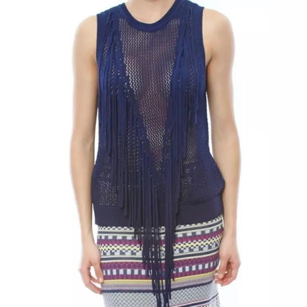 Ronny Kobo Ranja Navy Fringed Vest Sheer Open Knit Assymetical